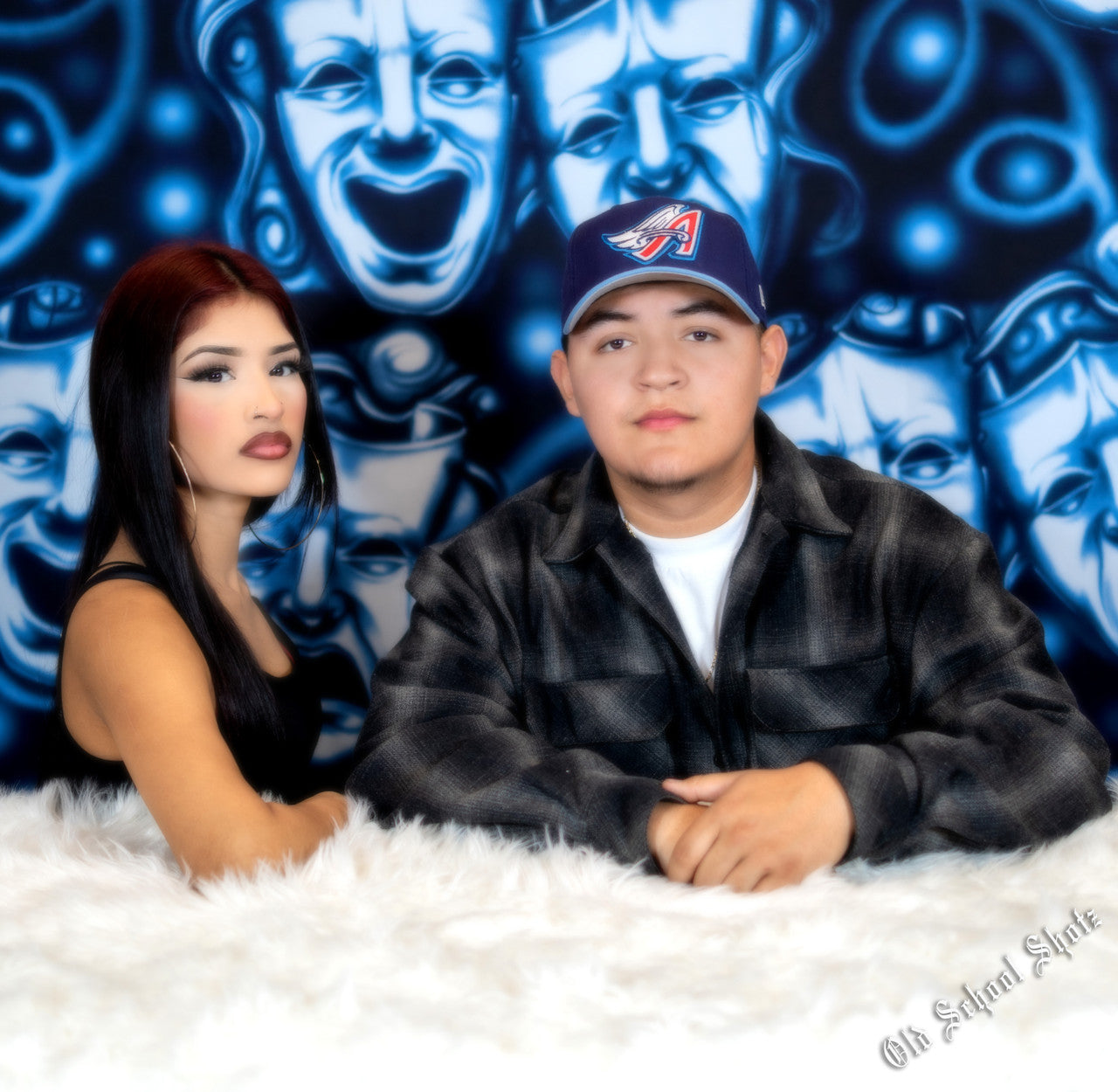 Glamour Shots Y2K Early 2000s 'Smile Together, Cry Together' Airbrush Backdrop (DARK SKIES BLUE) (Extra Large)