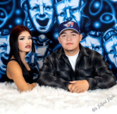 Glamour Shots Y2K Early 2000s 'Smile Together, Cry Together' Airbrush Backdrop (DARK SKIES BLUE) (Extra Large)