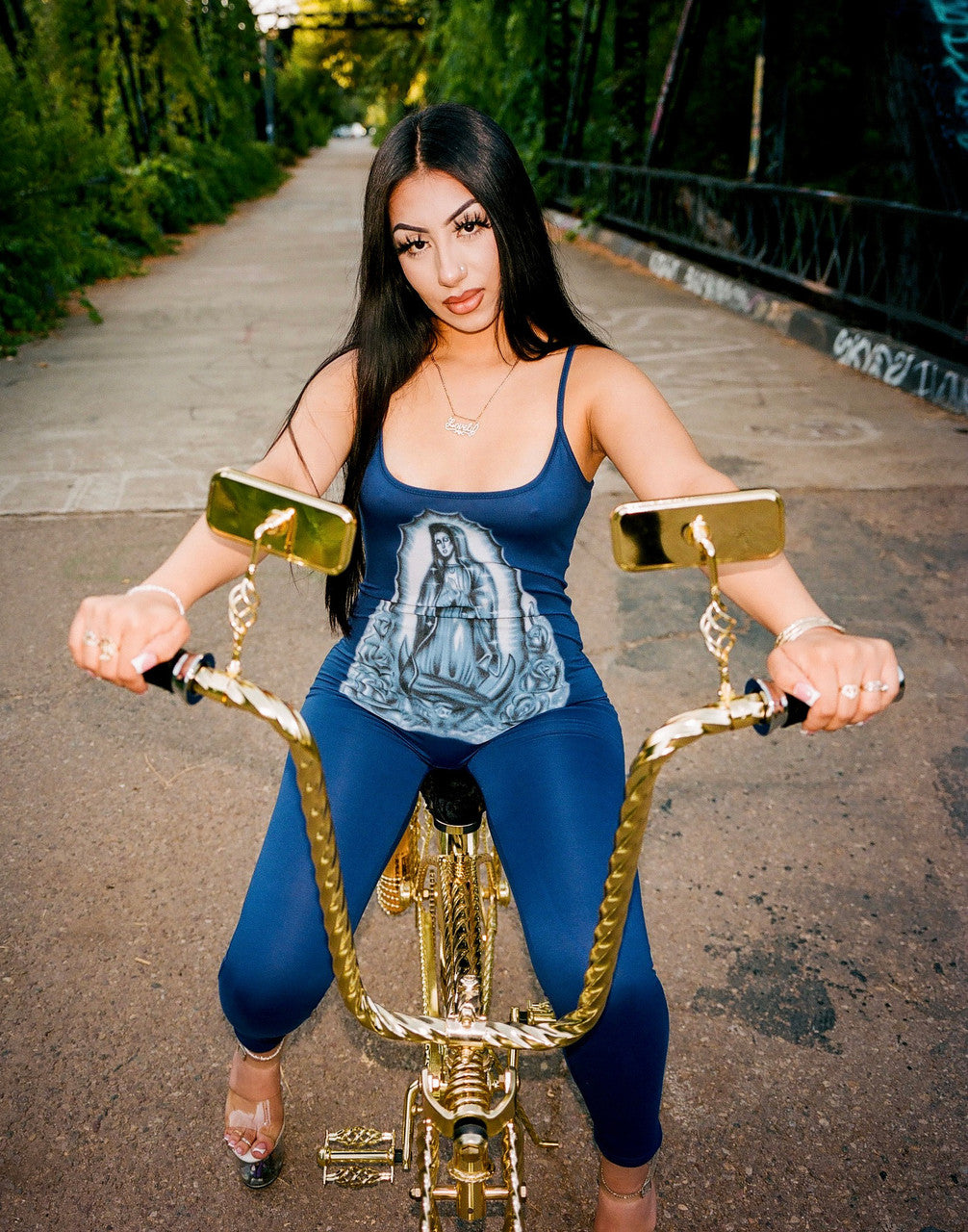 LIMITED EDITION 'OUR LADY' AIRBRUSHED TANK TOP ONE PIECE JUMPSUIT FULL LENGTH (BLUE/NAVY)