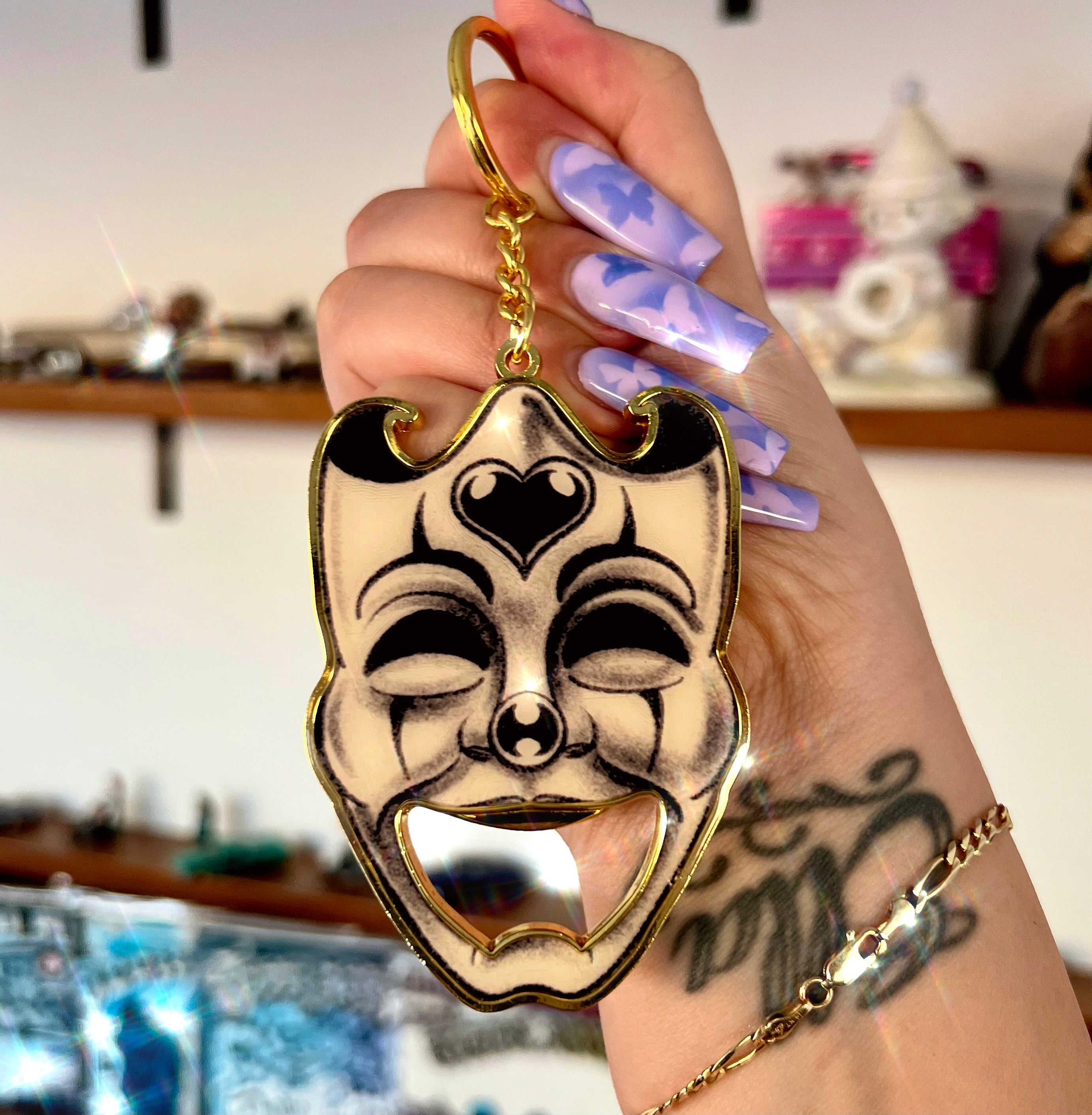 JOY & PAIN Bottle Opener Keychain (Black/White/Gold)