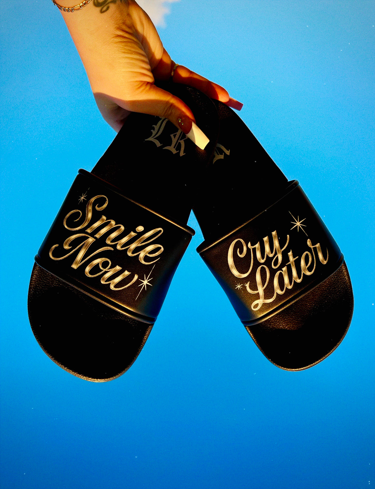 'Smile Now Cry Later' Chrome Glow Pen & Ink Slides (Black)