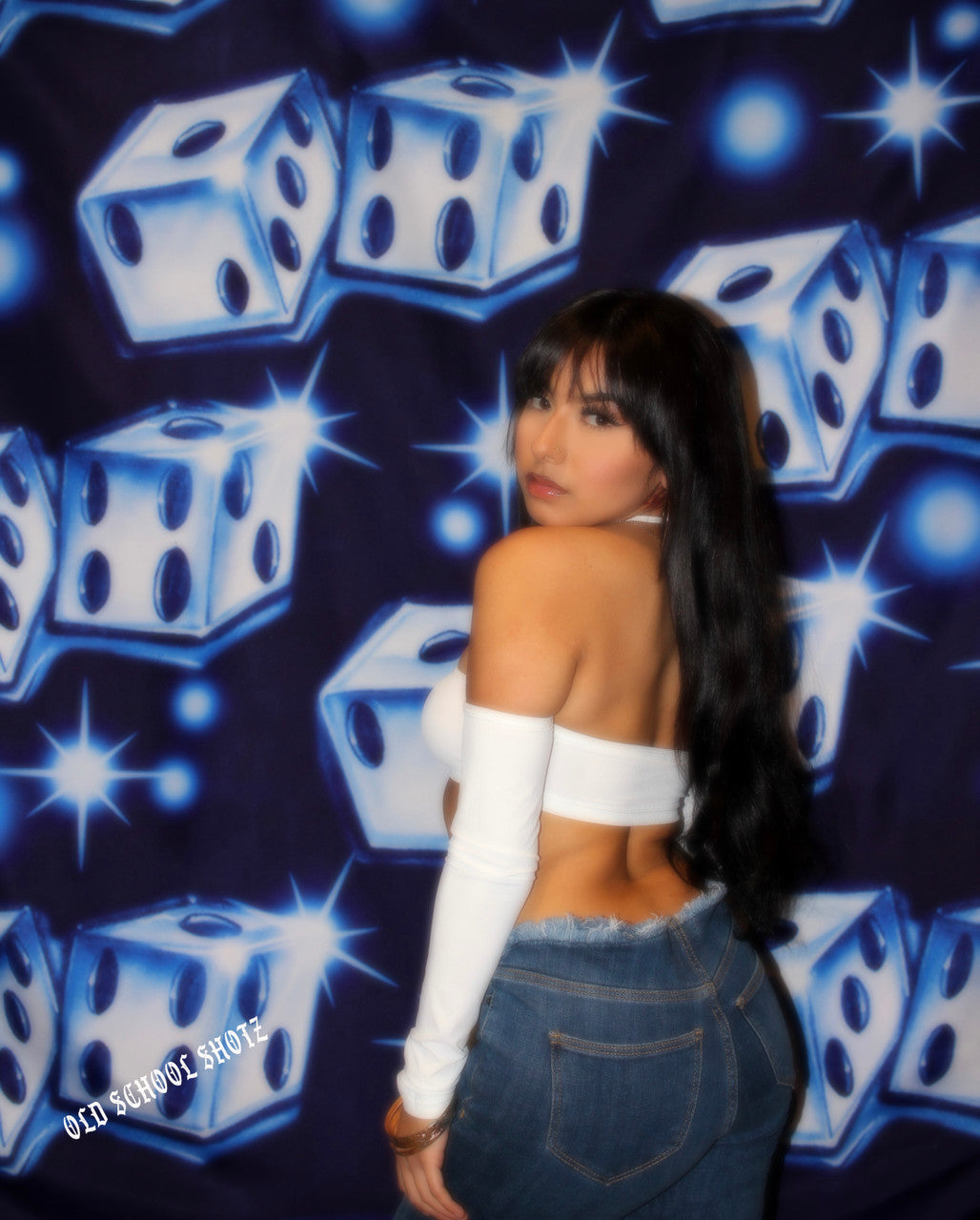 Early 2000s Y2K Roll The Dice 'Blue As Ice' Airbrush Glamour Shots 90s Old School Backdrop (X-Large) BLUE