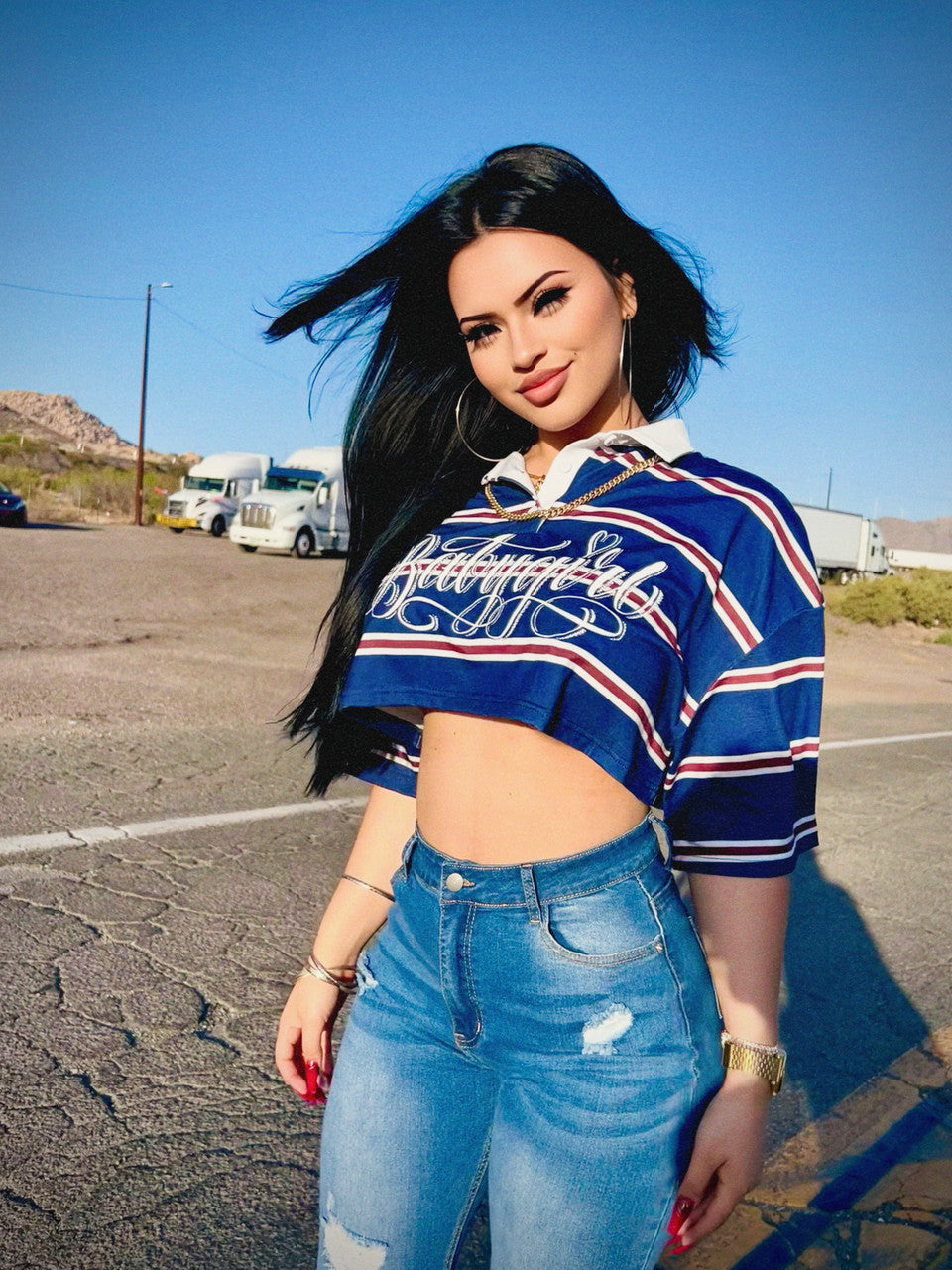 Limited Edition 'BABYGIRL' Custom Script Striped Cropped Rugby Shirt (Navy)