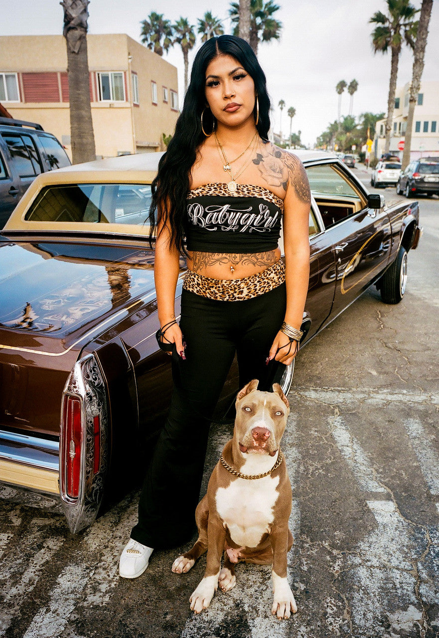 Limited Edition 'BABYGIRL' Leopard Tube Top & Leggings Loungewear Set (BLACK/LEOPARD))