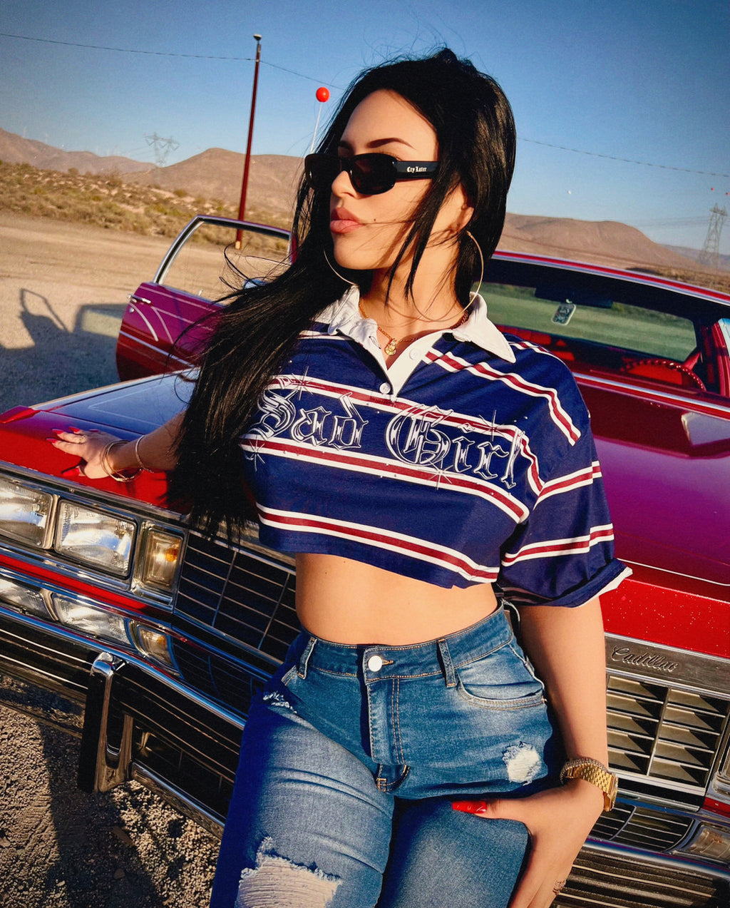 Limited Edition 'SAD GIRL' OE Custom Script Striped Cropped Rugby Shirt (Navy)