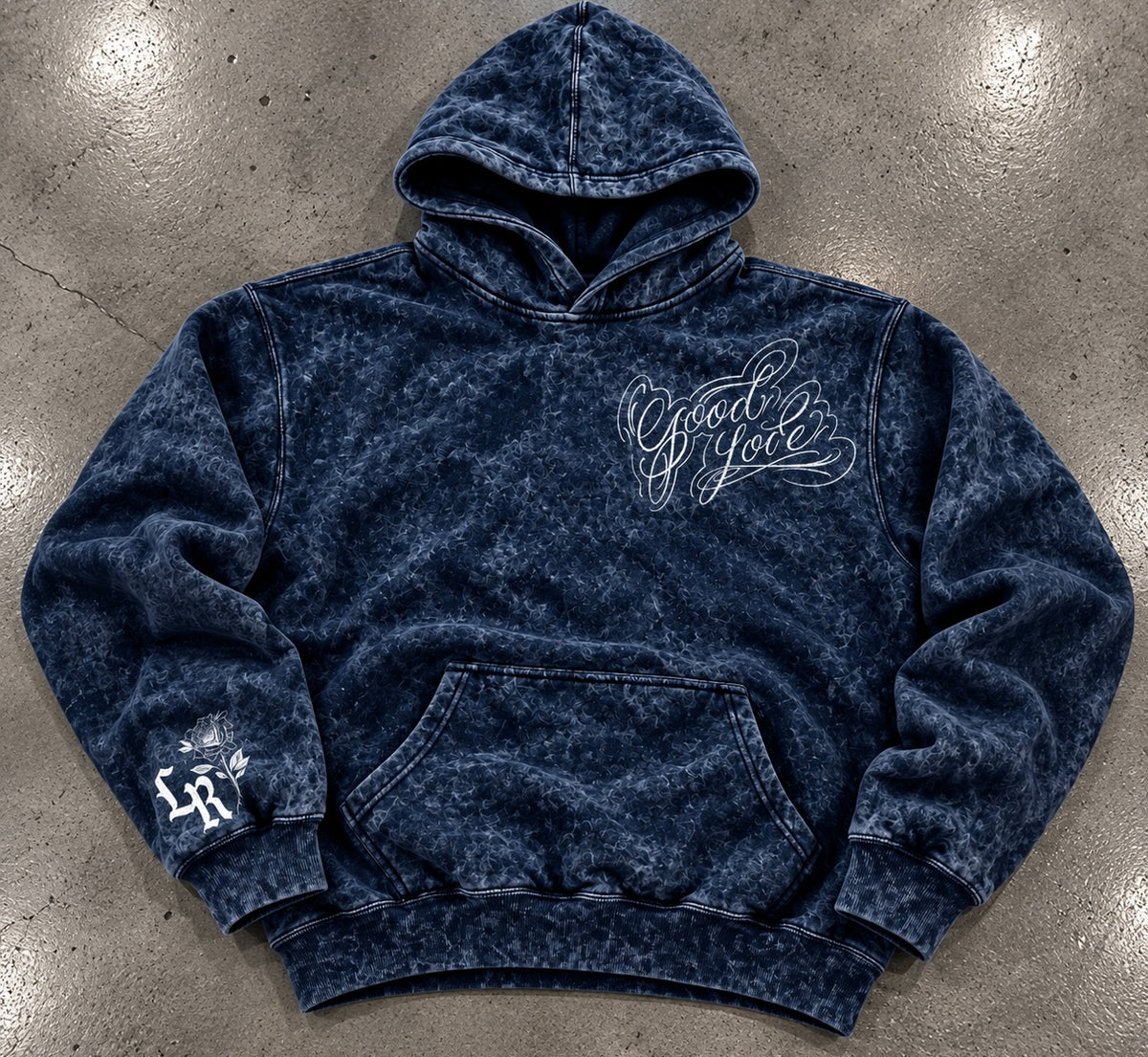 Limited Edition 'GOOD LOVIN' Ultra Premium Heavy Vintage Acid Washed Pullover Hoodie (VINTAGE ACID WASHED NAVY)