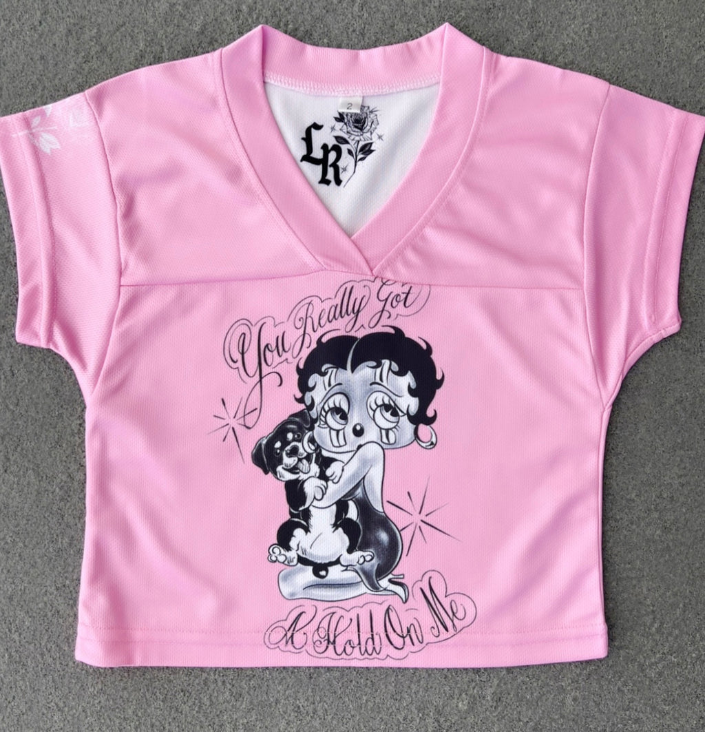 KIDS 'You Really Got a Hold On Me' Pen & Ink Cut & Sew Football KIDS Jersey (PINK)