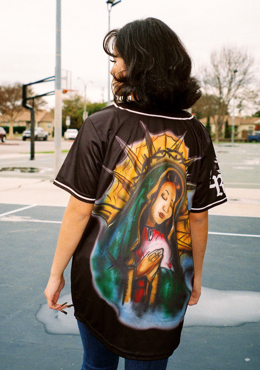 LR 'Blessed & Protected' Airbrushed Cut & Sew Baseball Jersey (Black)