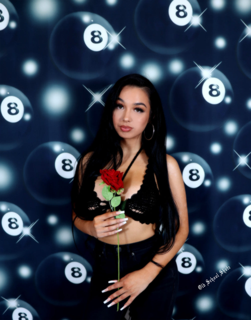 Glamour Shots Early 2000s Y2K 'Magic 8 Ball' Airbrush 90s Backdrop (BLACK) (Extra Large)