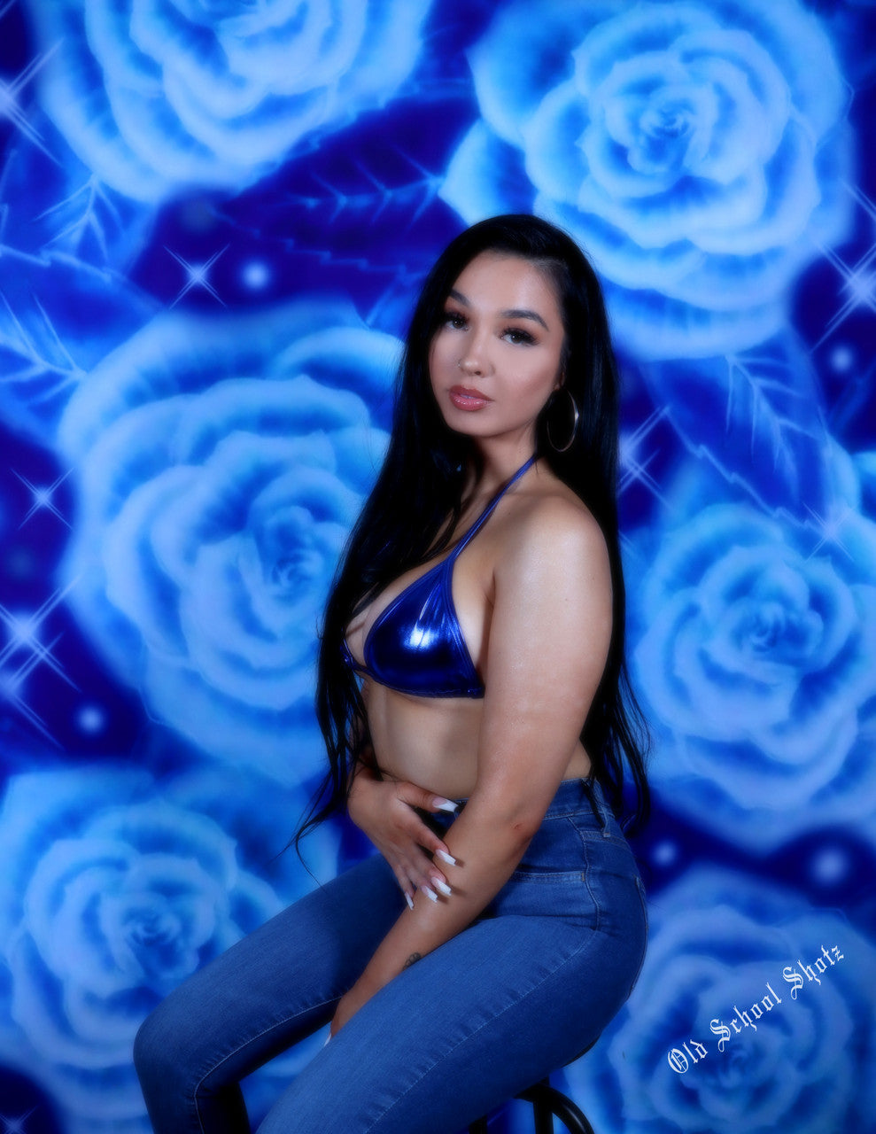 Y2K Early 2000s Backdrop 'Give Me My Flowers' Airbrush 90s Star Shots Backdrop (BLUE DREAM) (Extra Large)