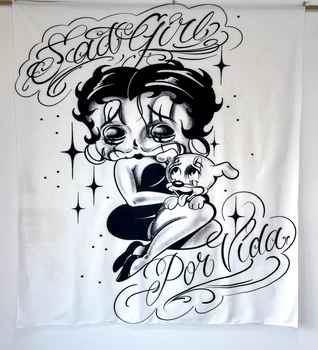 'SAD GIRL POR VIDA' Pen & Ink Tapestry (White)