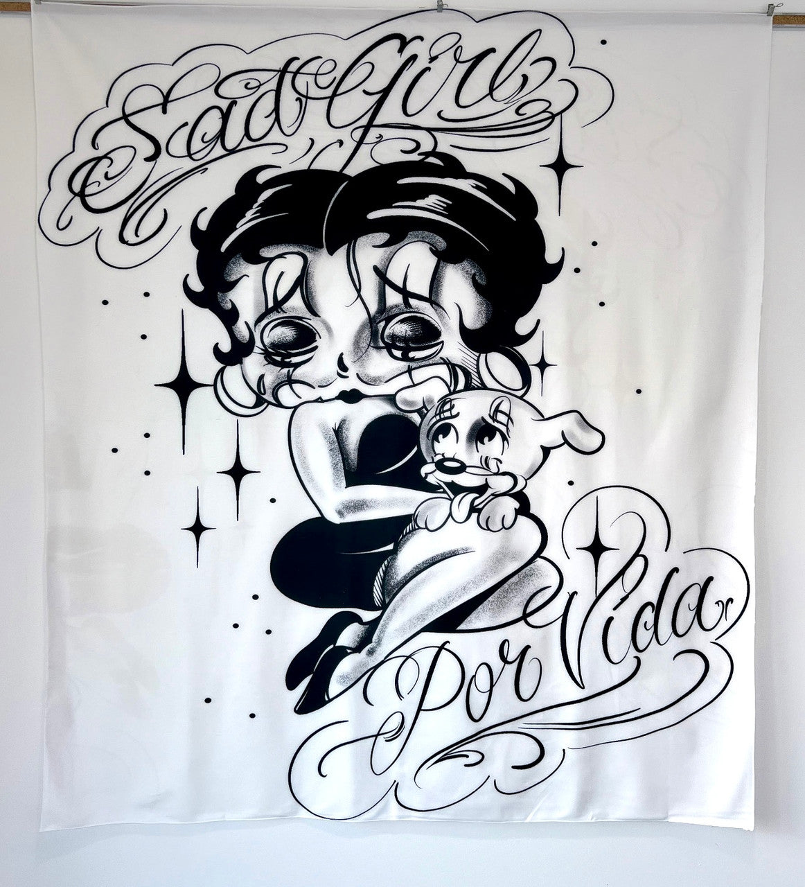 'SAD GIRL POR VIDA' Pen & Ink Tapestry (White)