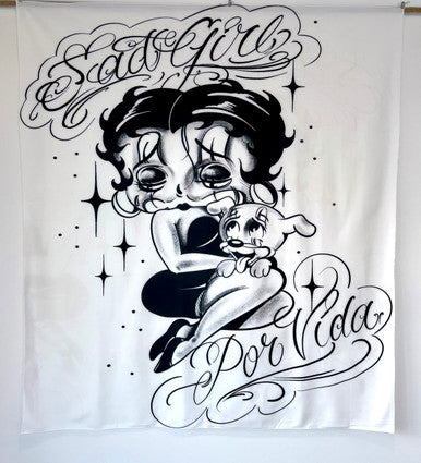 'SAD GIRL POR VIDA' Pen & Ink Tapestry (White)