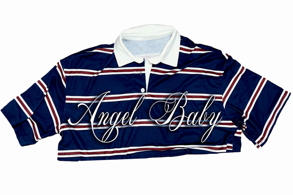 Limited Edition 'ANGEL BABY' Custom Script Striped Cropped Rugby Shirt (Navy)