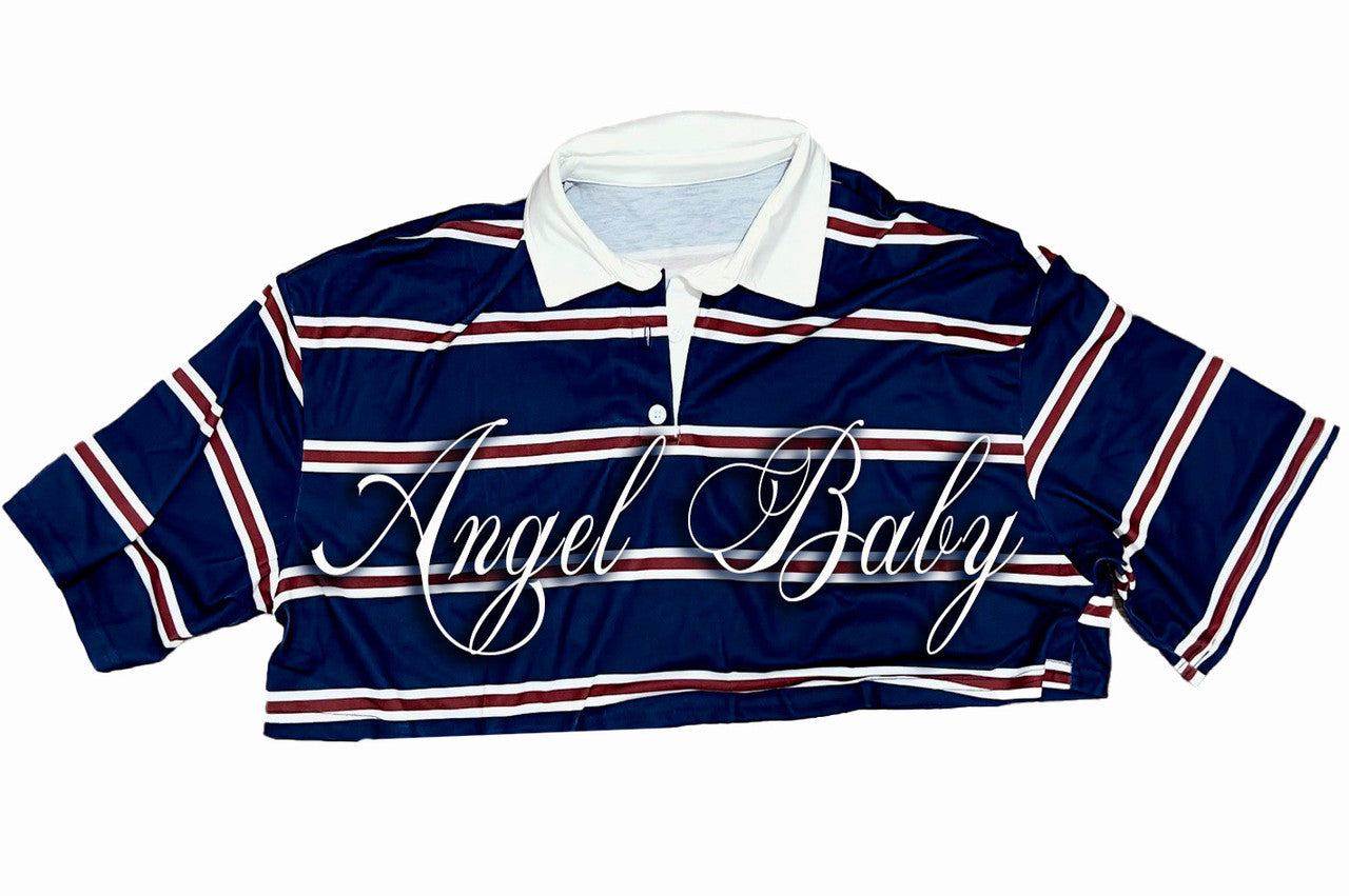 Limited Edition 'ANGEL BABY' Custom Script Striped Cropped Rugby Shirt (Navy)