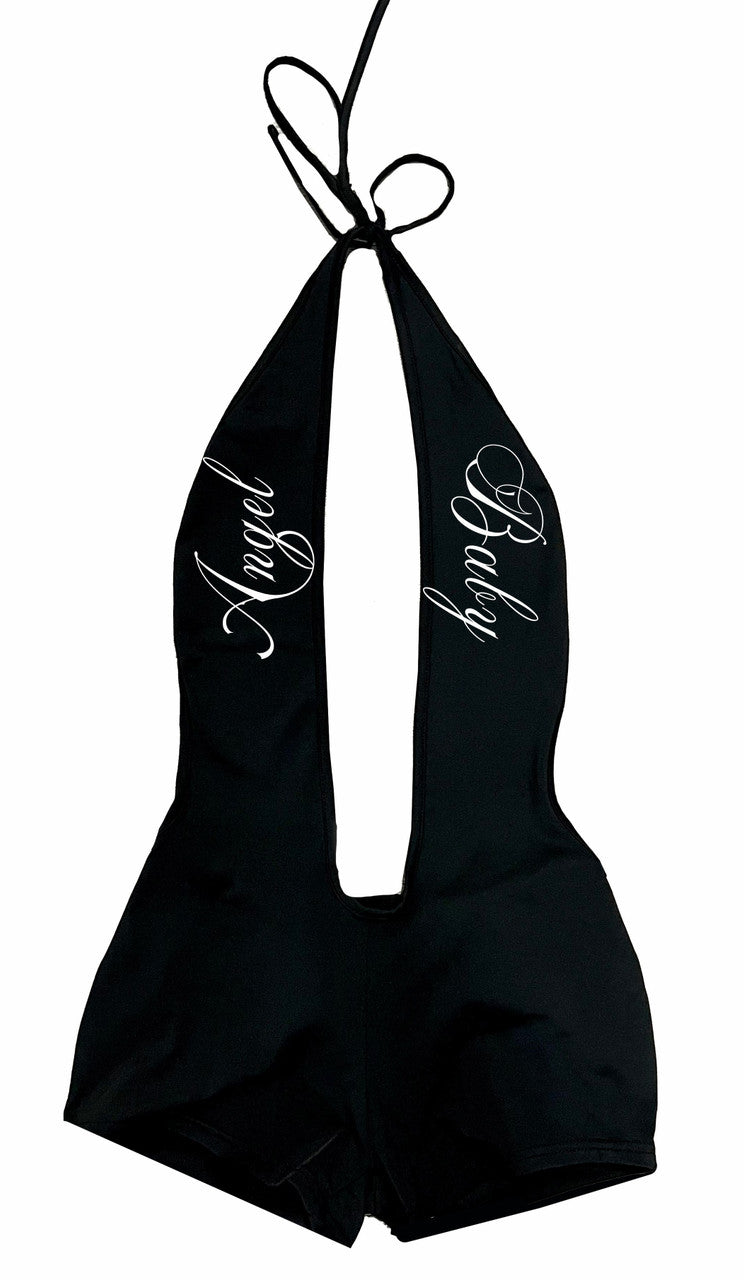 LIMITED EDITION 'ANGEL BABY' SCRIPT DEEP PLUNGE ONE PIECE HALTER ROMPER (Black)