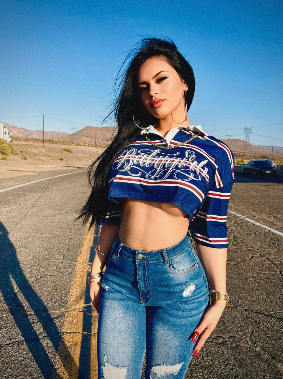 Limited Edition 'BABYGIRL' Custom Script Striped Cropped Rugby Shirt (Navy)