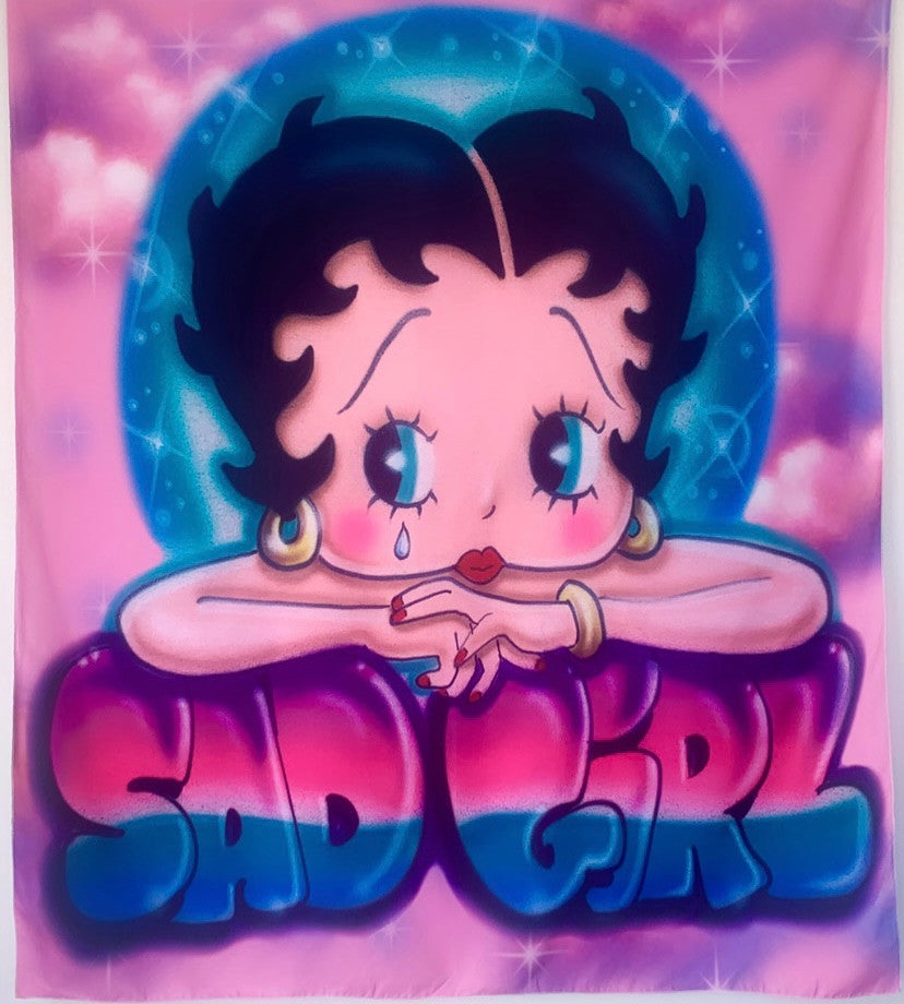 Sad Girl Betty  Airbrushed Wall Tapestry (Pink Clouds)