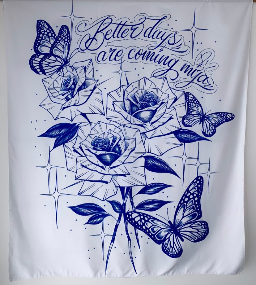 Better Days Are Coming Butterfly Pen & Ink Tapestry (White/Blue)
