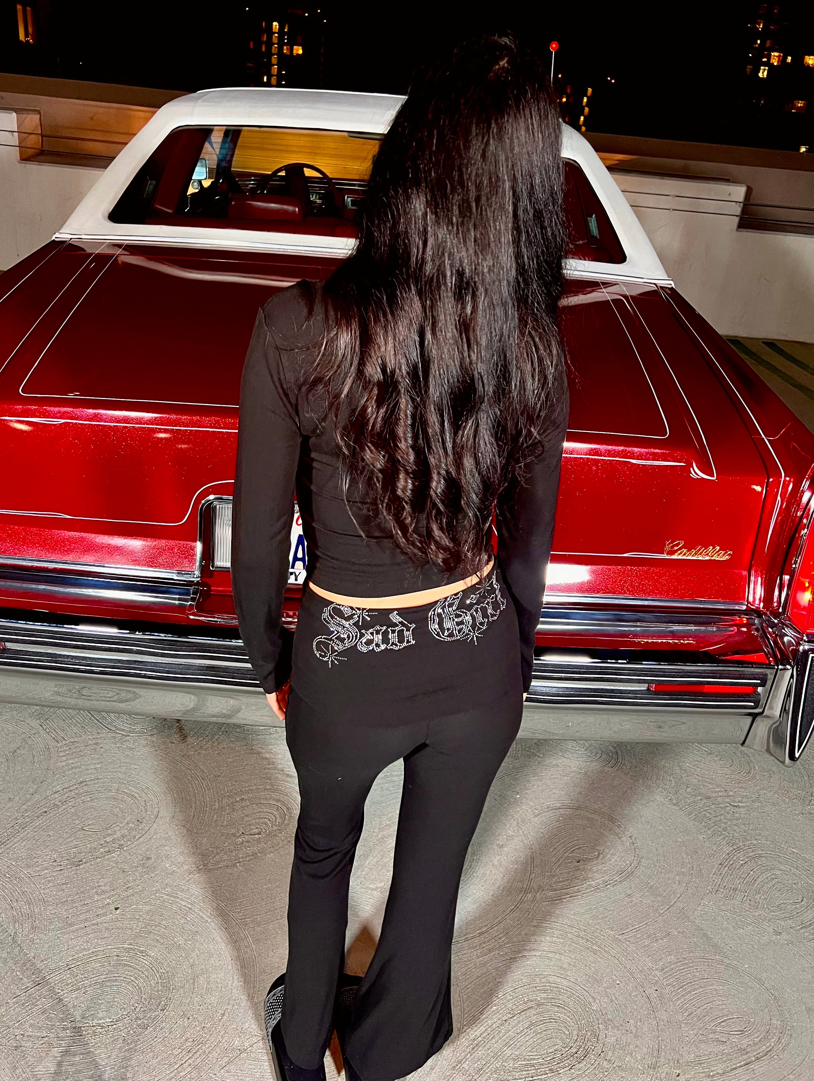 Limited Edition Rhinestone 'SAD GIRL' OE Sparkle Long Sleeve Shirt & Leggings Loungewear Set (BLACK)