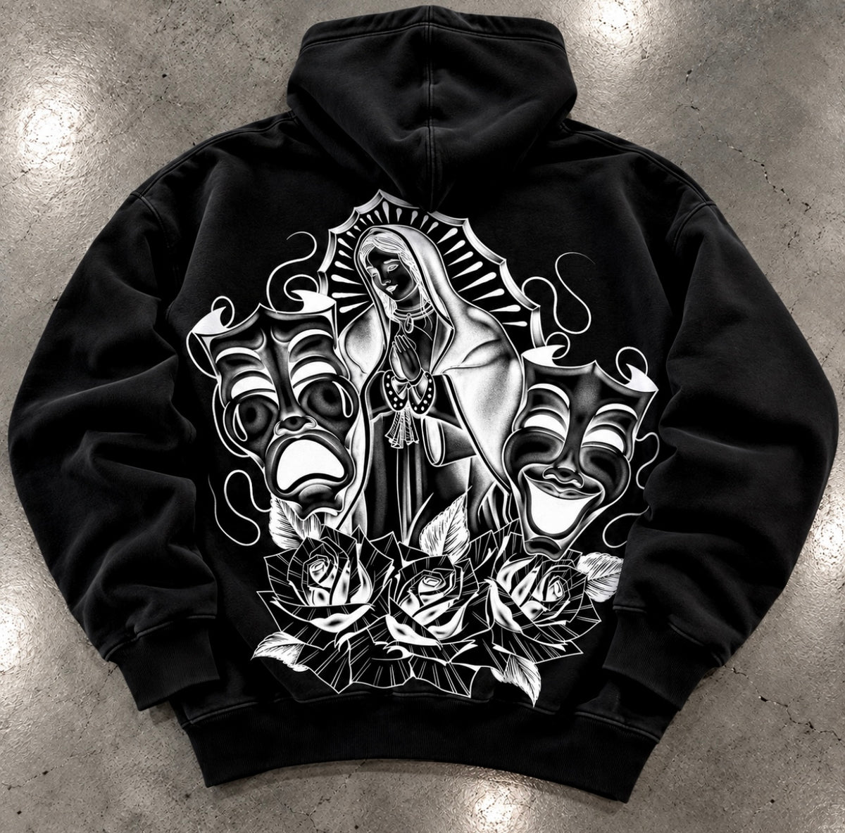 'LUPITA' Pen & Ink Premium Fleece Zip-Up Hoodie (Black/White)