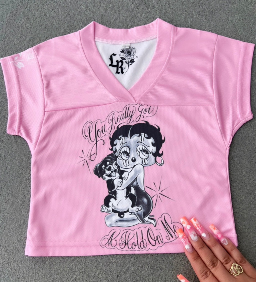 KIDS 'You Really Got a Hold On Me' Pen & Ink Cut & Sew Football KIDS Jersey (PINK)