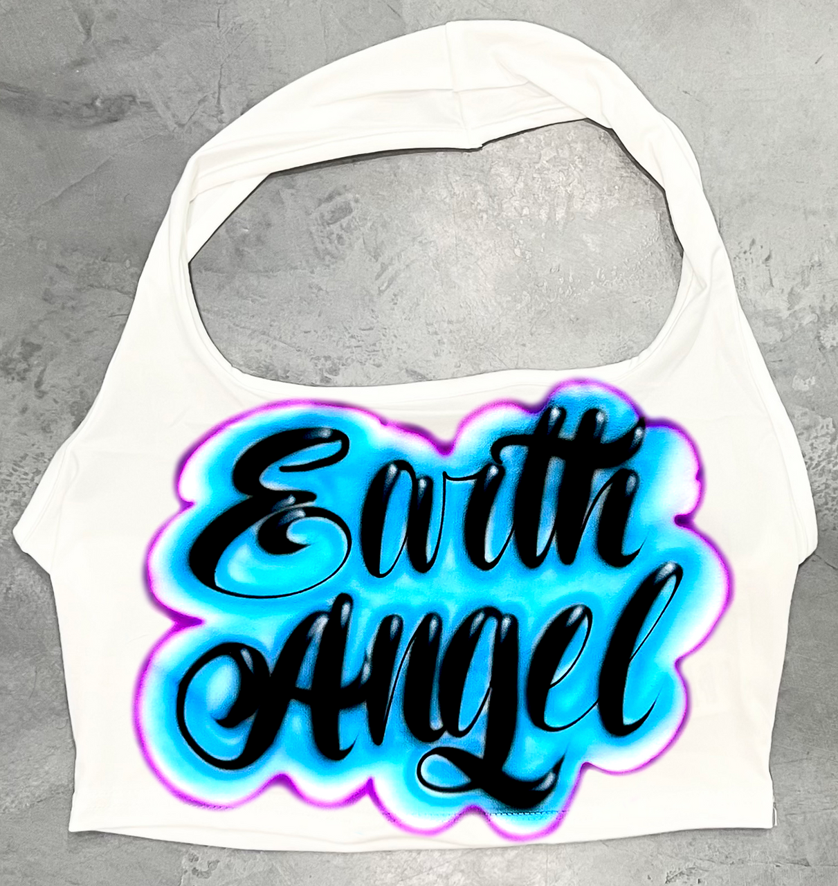 Limited Edition 'Earth Angel' Script Airbrushed Halter Top (White/Blue/Purple)