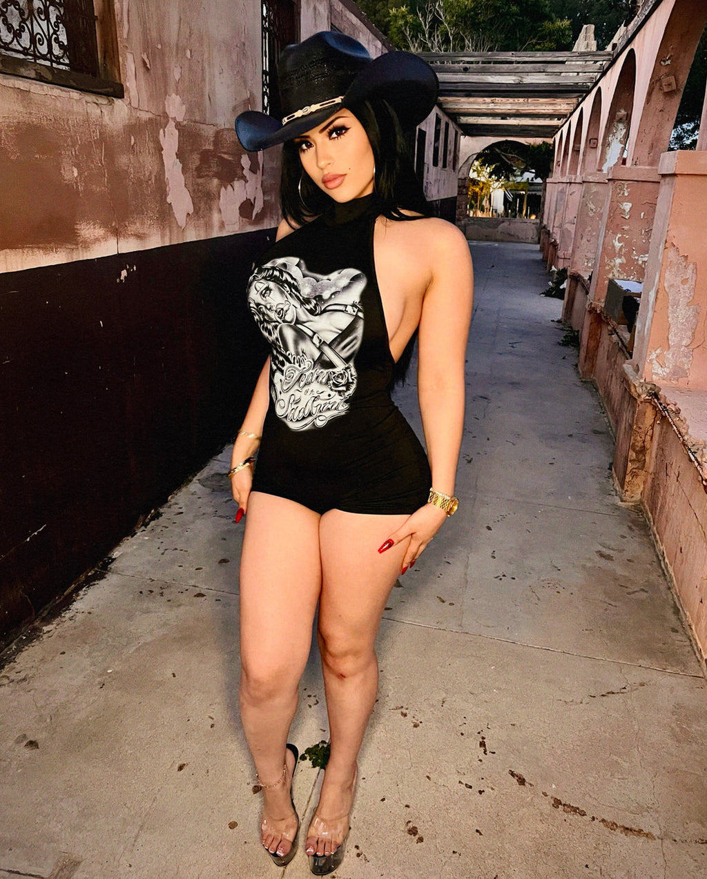 LIMITED EDITION 'TEARS OF A SAD GIRL' PEN & INK HIGH NECK ROMPER (Black/Silver/Blue)