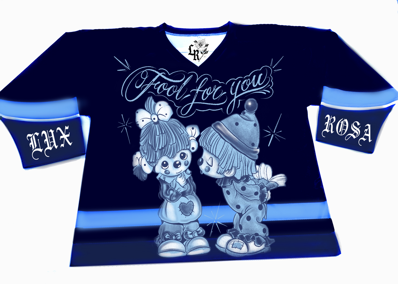FOOL FOR YOU' Pen & Ink Cut & Sew Long Sleeve Hockey Jersey (Navy/Light Blue)