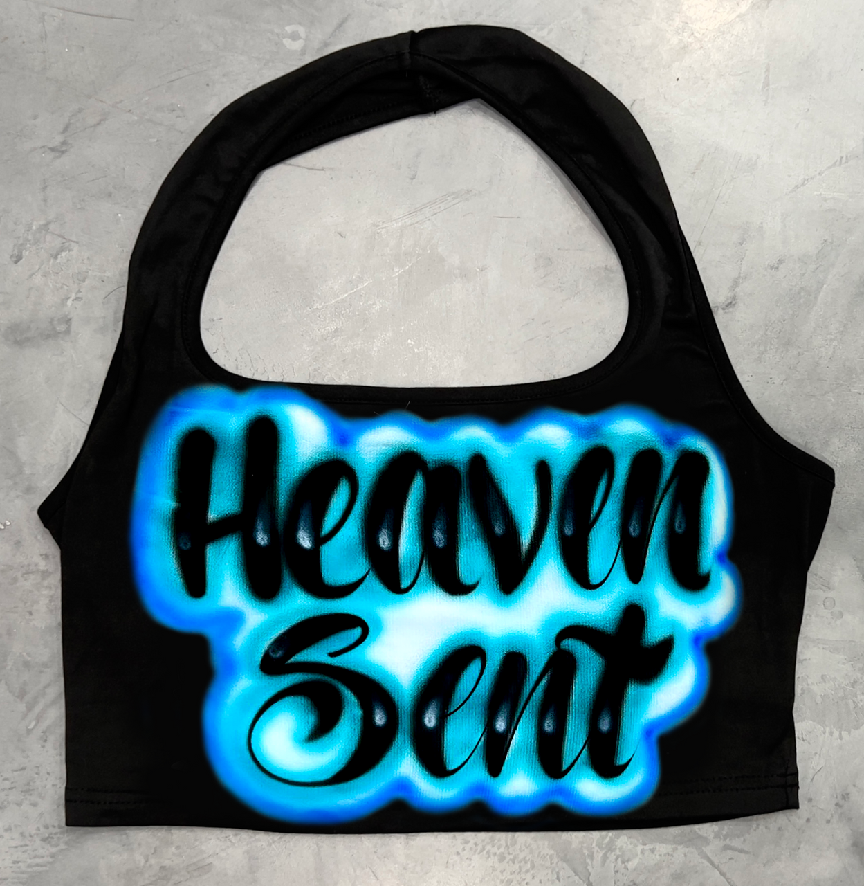 Limited Edition 'HEAVEN SENT' Airbrushed Halter Top (BLACK/BLUE)