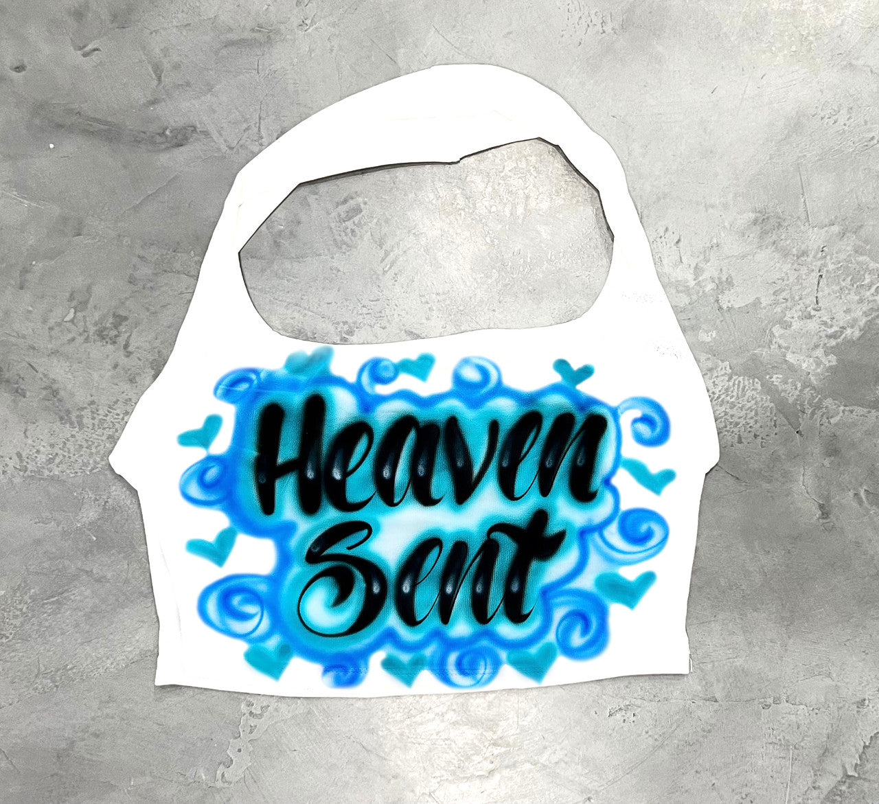 Limited Edition 'HEAVEN SENT' Hearts Airbrushed Halter Top (WHITE/BLUE))