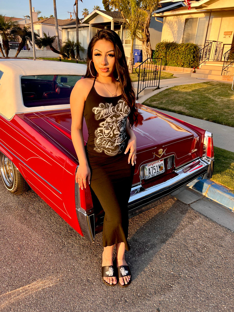 Limited Edition 'Smile Now, Cry Later' Airbrushed Halter Tie Long Slip Dress (BLACK)