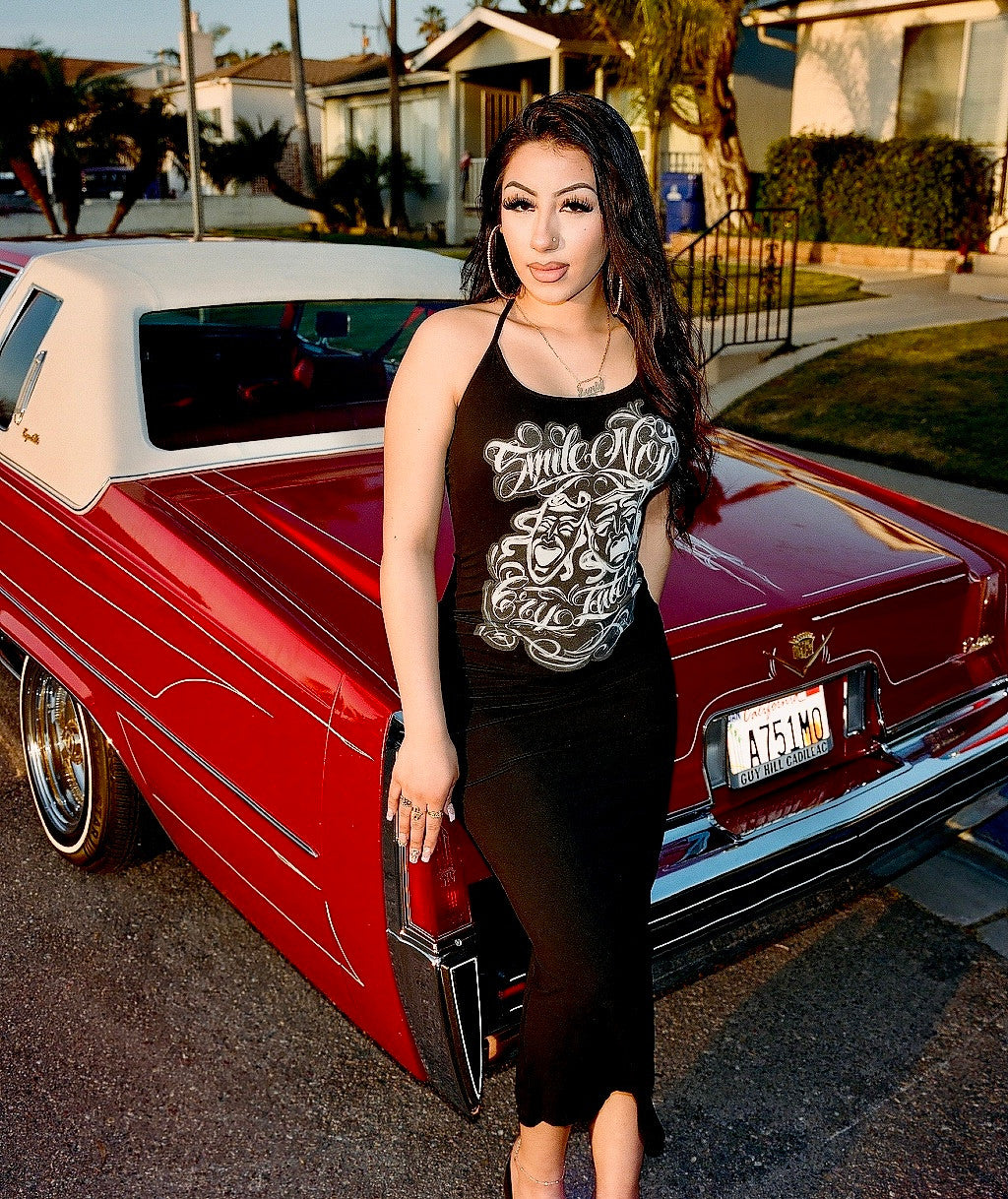 Limited Edition 'Smile Now, Cry Later' Airbrushed Halter Tie Long Slip Dress (BLACK)