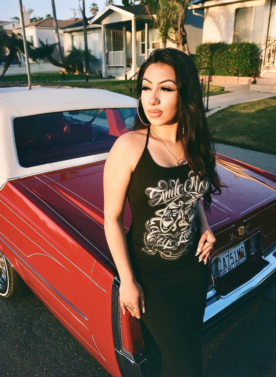 Limited Edition 'Smile Now, Cry Later' Airbrushed Halter Tie Long Slip Dress (BLACK)