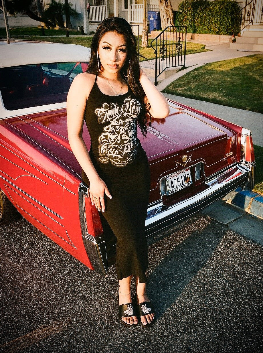 Limited Edition 'Smile Now, Cry Later' Airbrushed Halter Tie Long Slip Dress (BLACK)