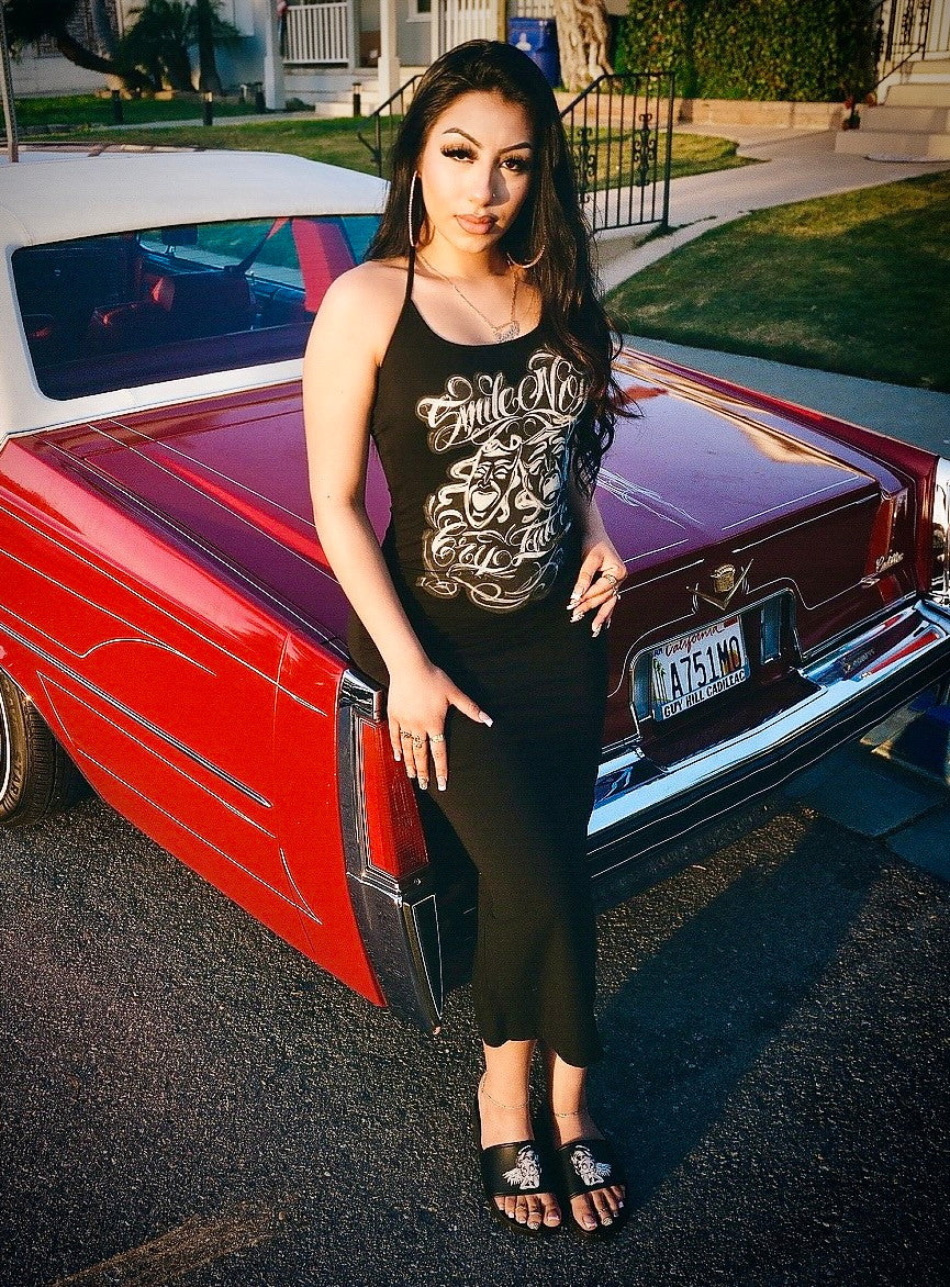 Limited Edition 'Smile Now, Cry Later' Airbrushed Halter Tie Long Slip Dress (BLACK)