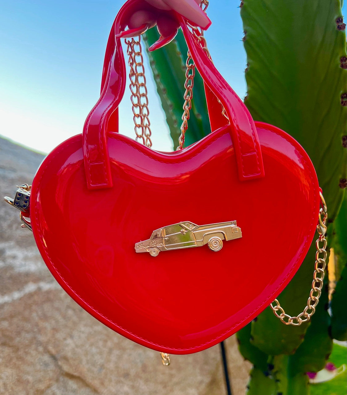 LIMITED EDITION Angel Baby Low Low Glossy Cross Body Chain Link Heart Handbag W/ 24K Solid Gold Dice Zipper Pull RED ((Limited Edition))