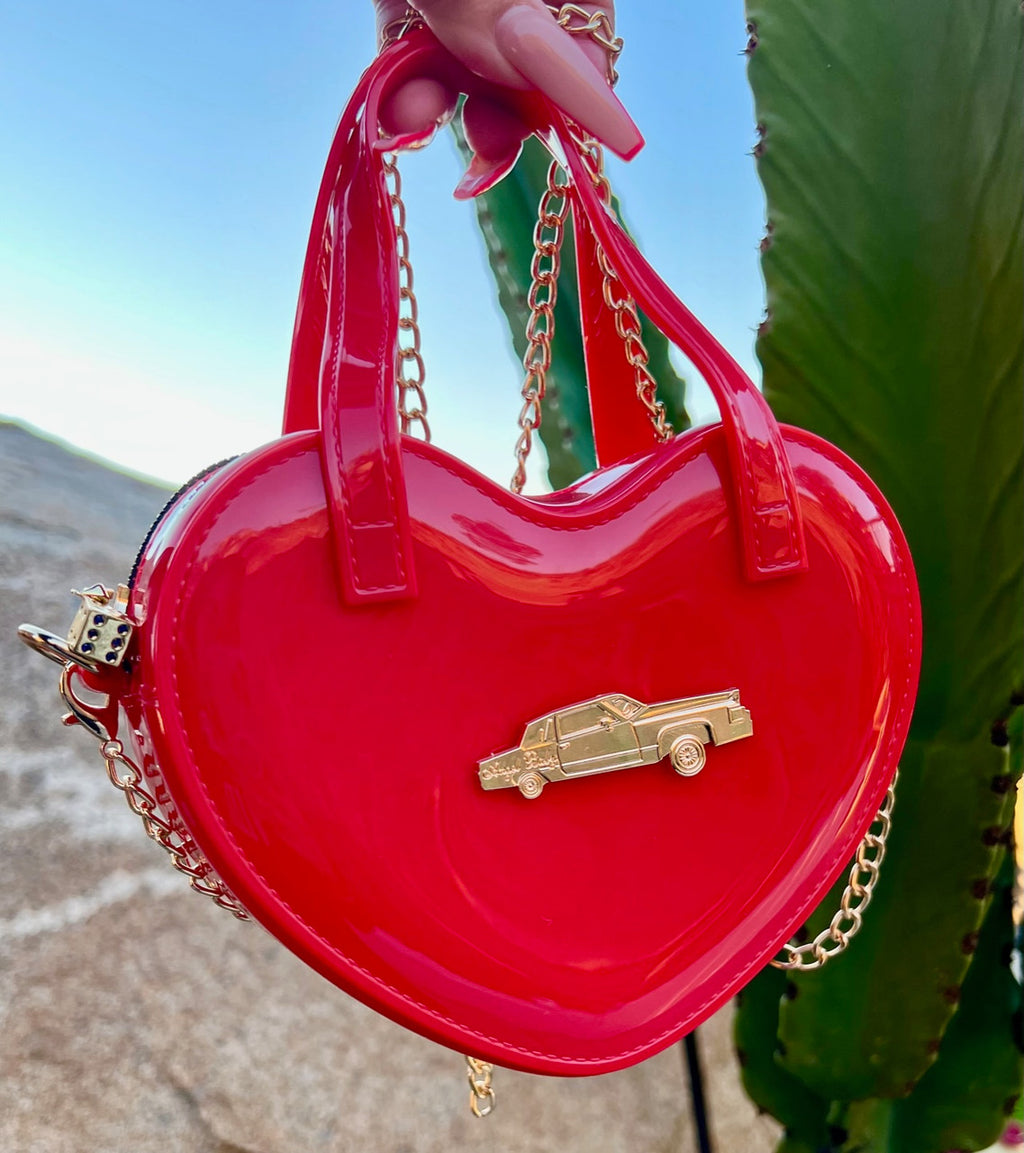 LIMITED EDITION Angel Baby Low Low Glossy Cross Body Chain Link Heart Handbag W/ 24K Solid Gold Dice Zipper Pull RED ((Limited Edition))