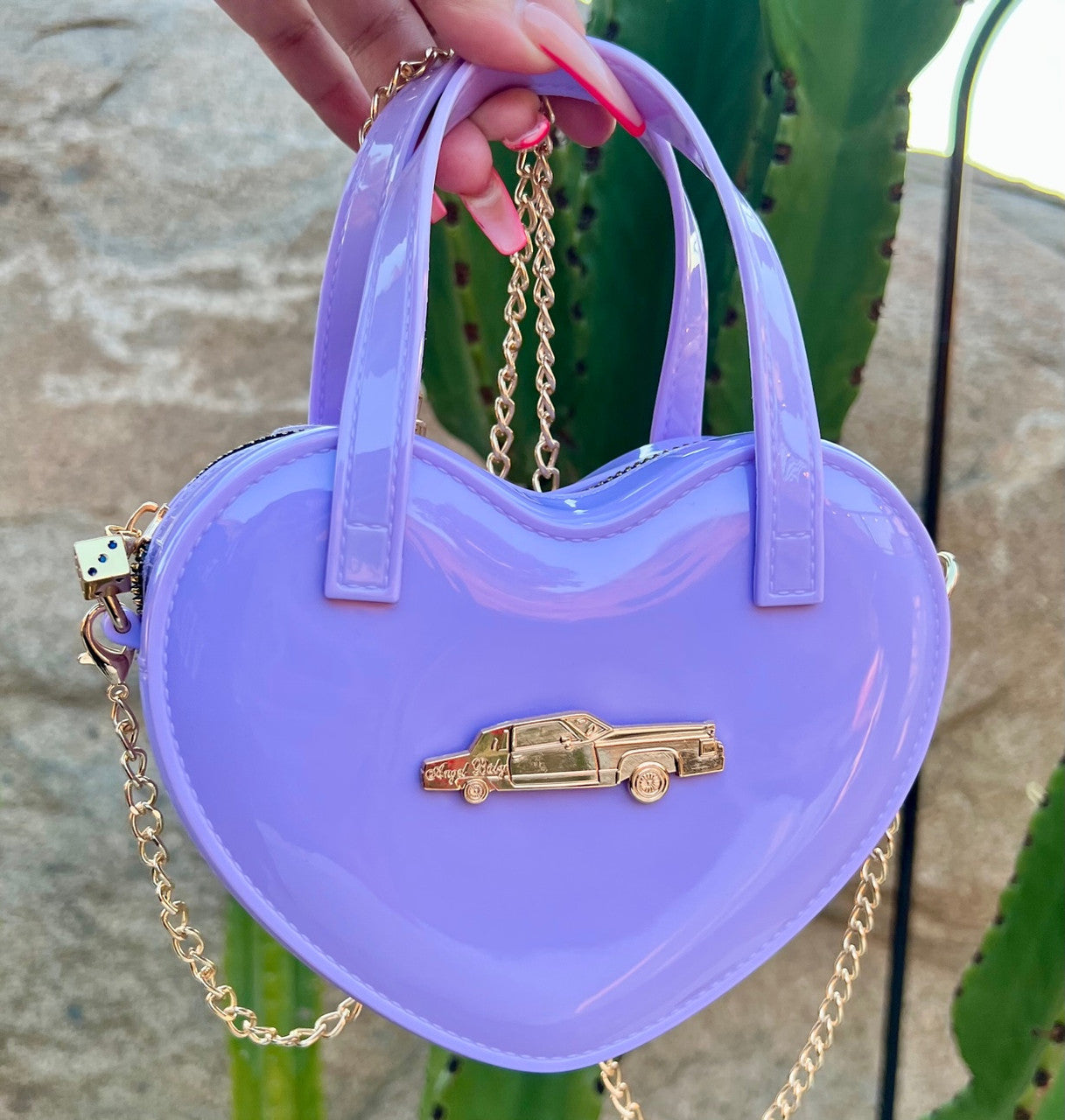LIMITED EDITION Angel Baby Low Low Glossy Cross Body Chain Link Heart Handbag W/ 24K Solid Gold Dice Zipper Pull LAVENDER ((Limited Edition))
