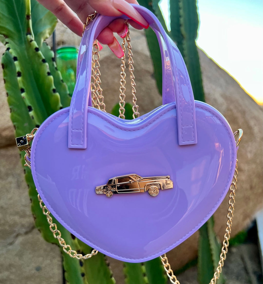 LIMITED EDITION Angel Baby Low Low Glossy Cross Body Chain Link Heart Handbag W/ 24K Solid Gold Dice Zipper Pull LAVENDER ((Limited Edition))