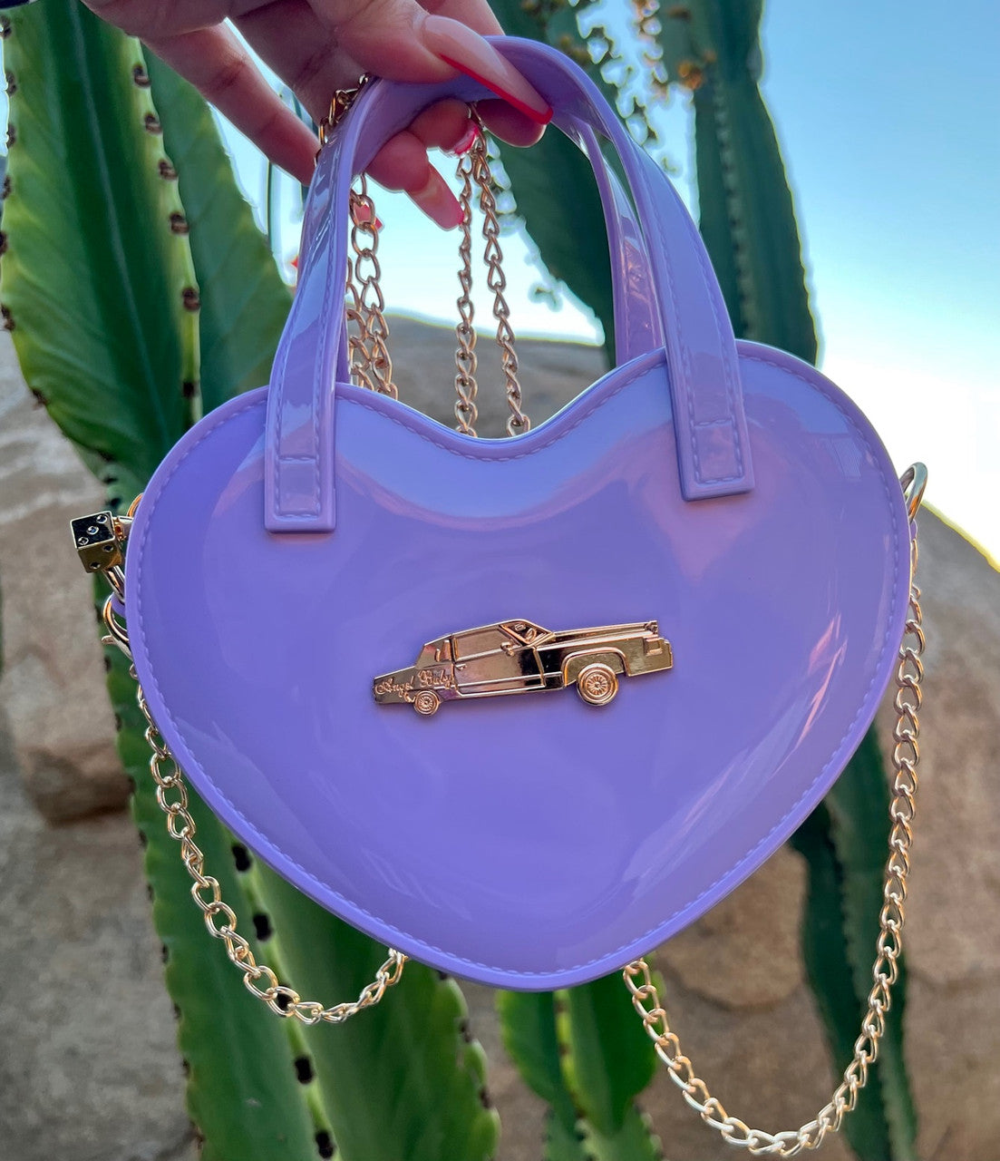 LIMITED EDITION Angel Baby Low Low Glossy Cross Body Chain Link Heart Handbag W/ 24K Solid Gold Dice Zipper Pull LAVENDER ((Limited Edition))