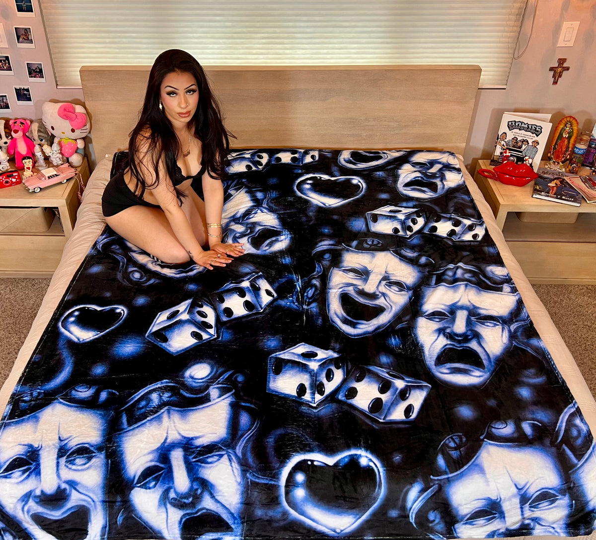 EXTRA LARGE 'SMILE NOW CRY LATER CHROME DICE HEARTS' Dice Airbrush Y2K Fleece Blanket (MIDNIGHT) *Limited Edition
