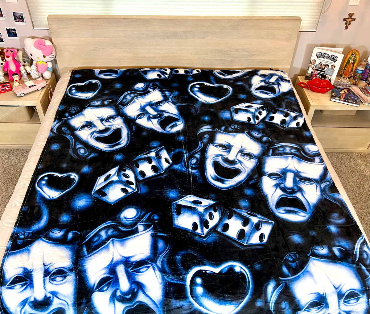 EXTRA LARGE 'SMILE NOW CRY LATER CHROME DICE HEARTS' Dice Airbrush Y2K Fleece Blanket (MIDNIGHT) *Limited Edition