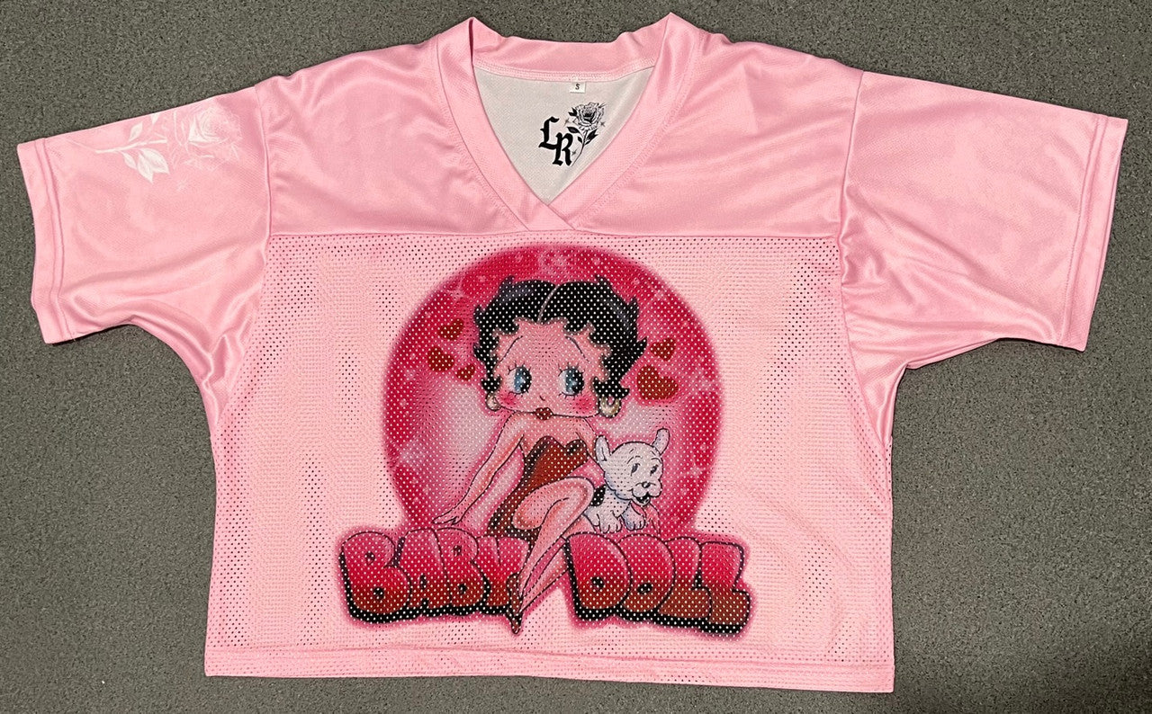Baby Doll Betty' Airbrushed Cut & Sew Mesh Football CROPPED Jersey (PINK)
