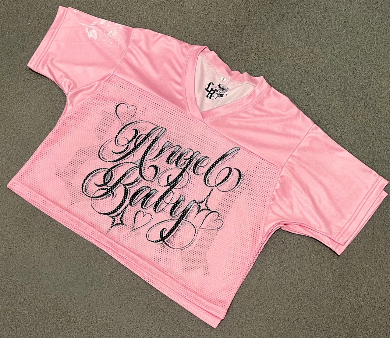 Angel Baby'143 Script Cut & Sew Mesh Football CROPPED Jersey (PINK)