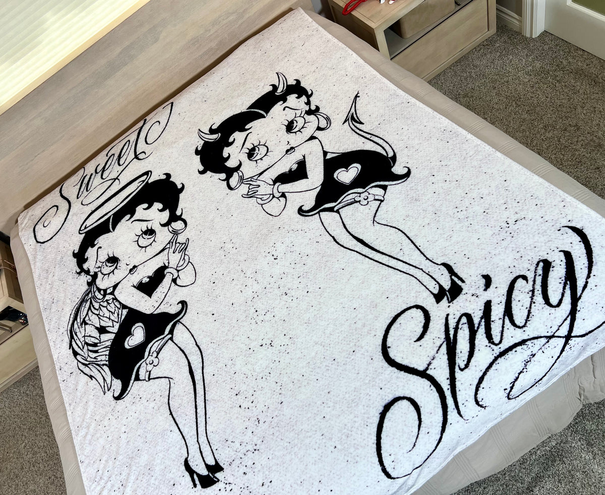 EXTRA LARGE 'SWEET & SPICY' Pen & Ink  Y2K Fleece Blanket (Vintage White/Black) *Limited Edition
