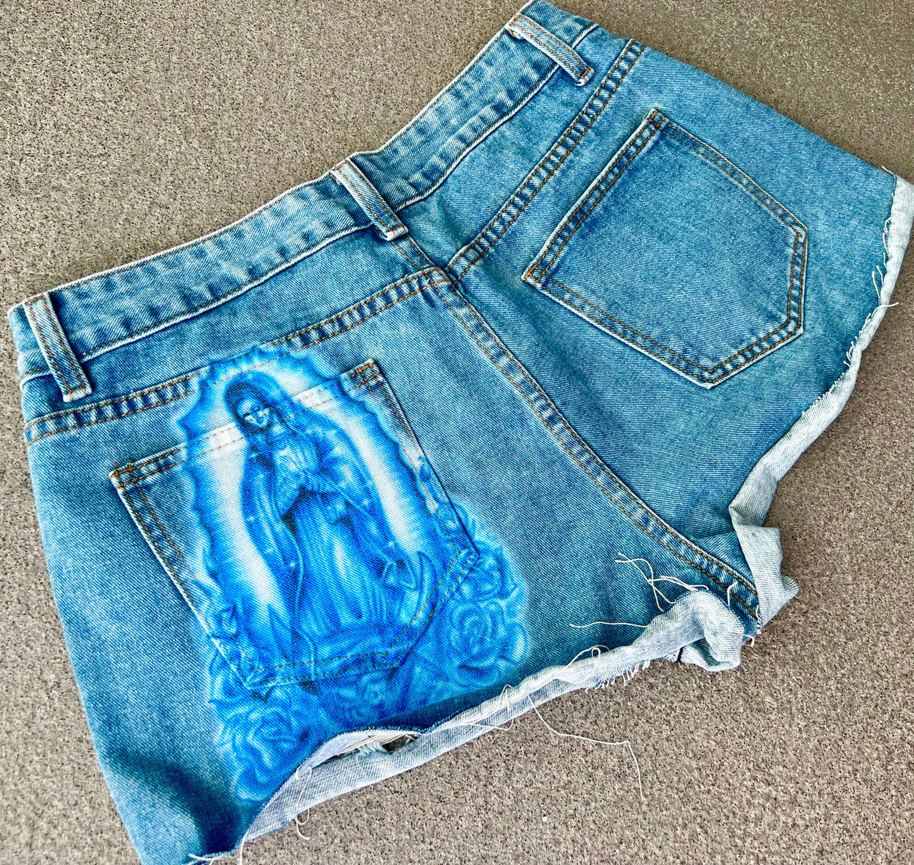 LIMITED EDITION 'Our Lady' Airbrushed Cut-Off Denim Shorts
