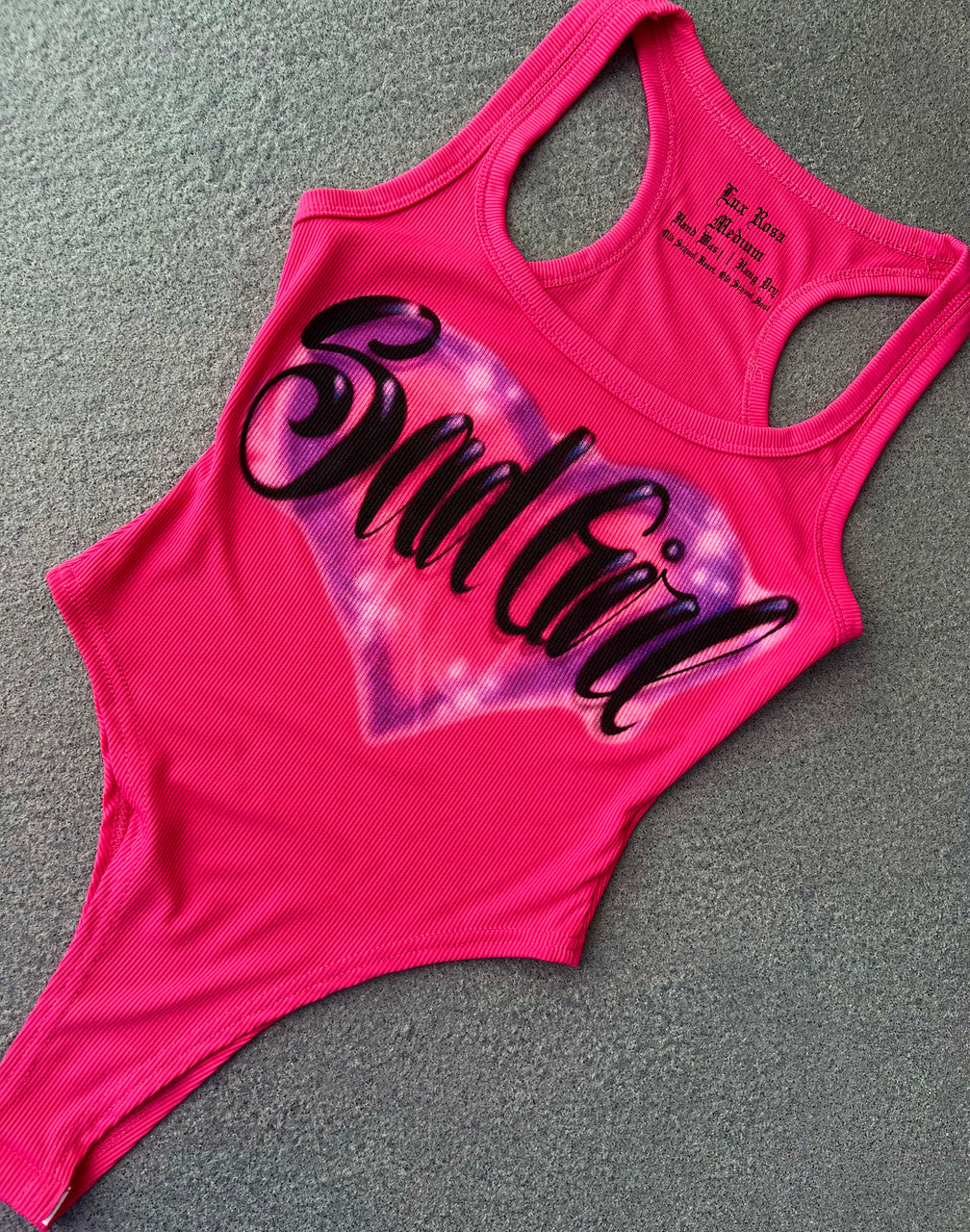 Limited Edition 'SAD GIRL AT HEART' Airbrushed Ribbed Bodysuit (Neon Barbie Pink)