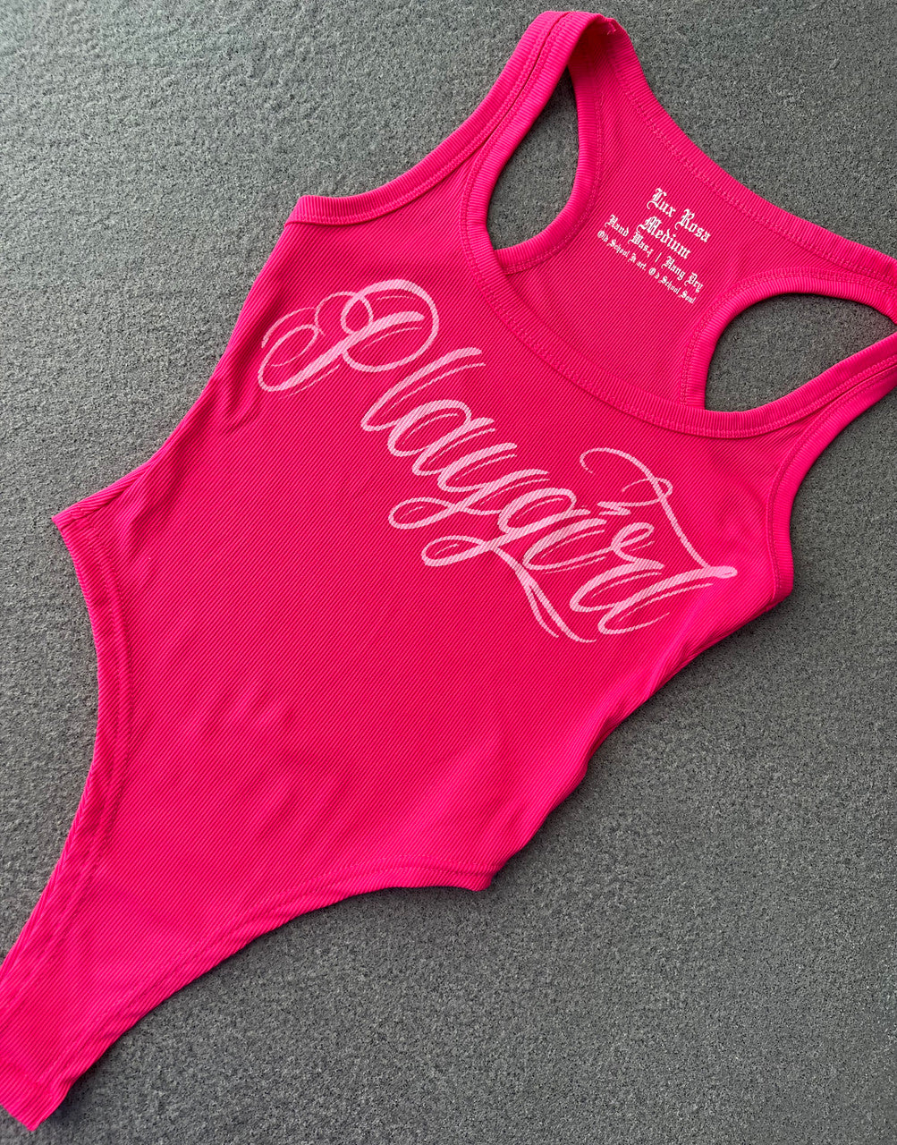 Limited Edition 'Playgirl' Script Ribbed Bodysuit (Neon Barbie Pink)