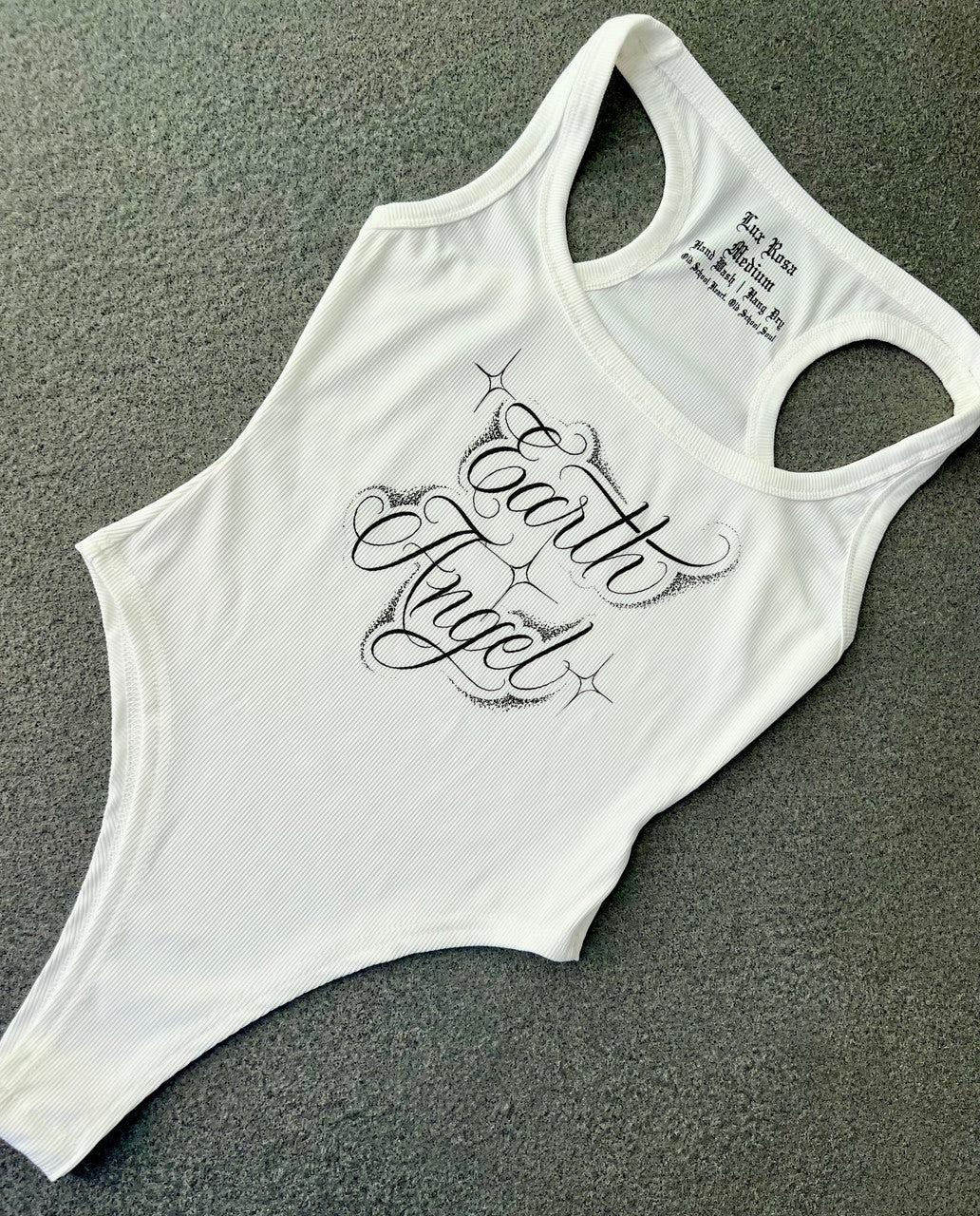 Limited Edition 'Earth Angel' Script Ribbed Bodysuit (White/Black)